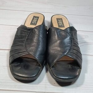 Solos Black Leather Mules‎ - Open Toe Block Heel Slides - Womens 8